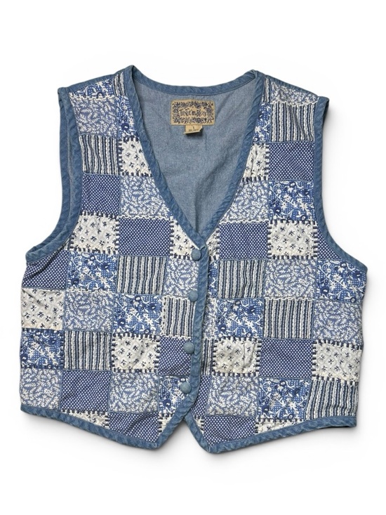 Vintage Jackets & Blazers - Vintage Tonal Blues Patchwork Denim Vest Quilted Western Boho Sz L
